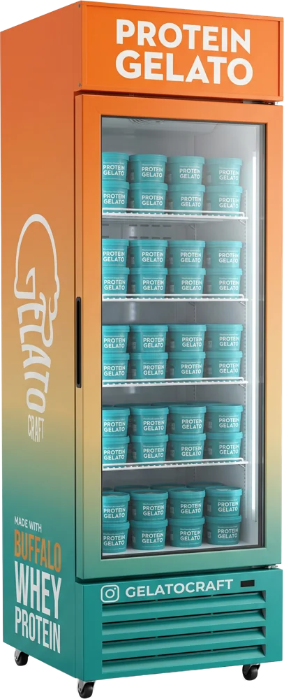 The big Gelatocraft freezer, a full-height branded upright