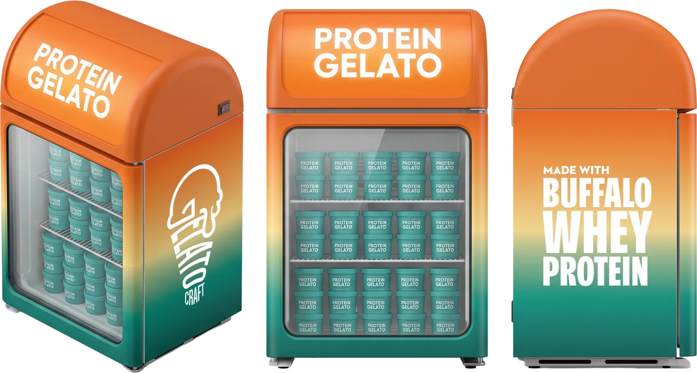 The small Gelatocraft counter-top freezer, shown from three angles