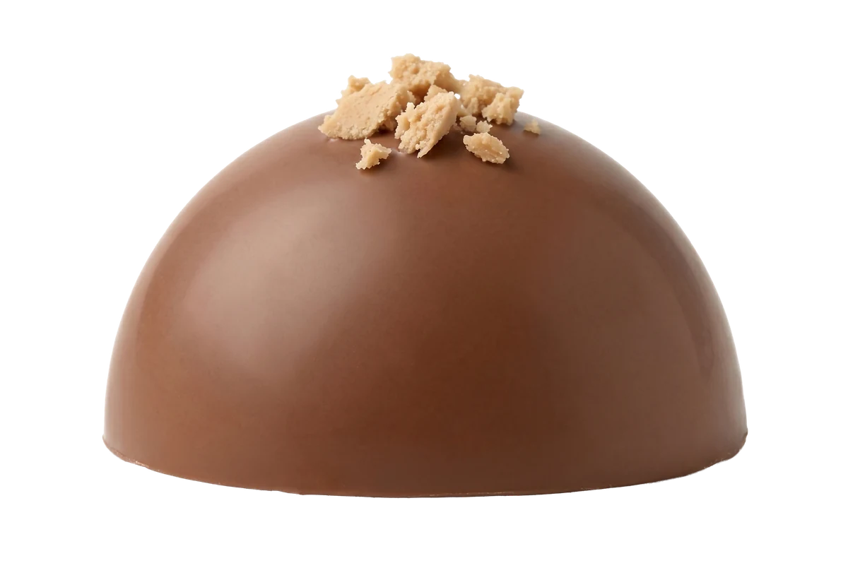 Whole Original bonbon, chocolate-coated with rahash crumbs on top
